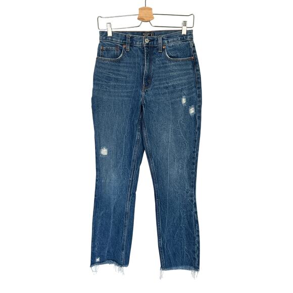 Abercrombie & Fitch Women's A & F Mom Jean Distressed Size 25/ 0R Dark Blue Wash - Picture 1 of 11